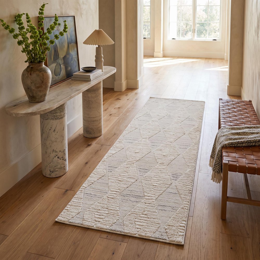8' Cream and Beige Geometric Distressed Runner Rug