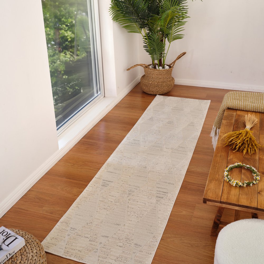 8' Cream and Beige Geometric Distressed Runner Rug