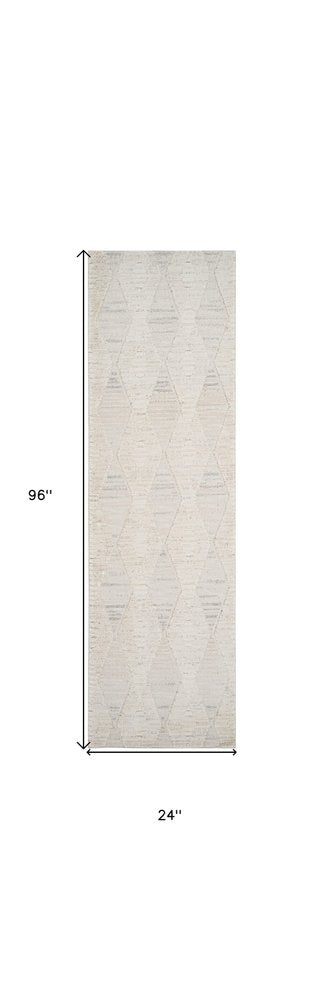 8' Cream and Beige Geometric Distressed Runner Rug