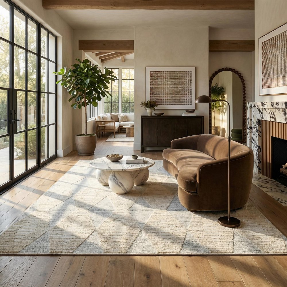 5' X 8' Cream and Beige Geometric Distressed Area Rug
