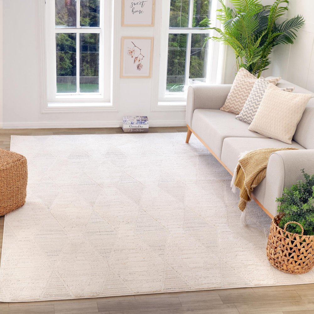 5' X 8' Cream and Beige Geometric Distressed Area Rug