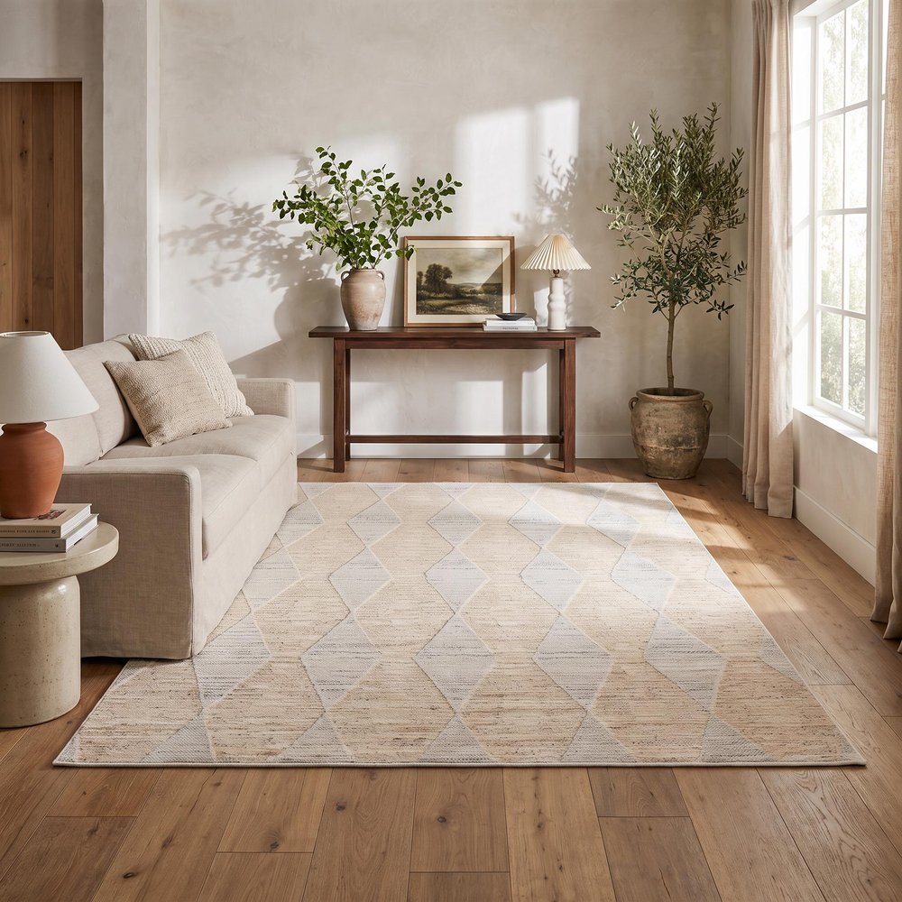 7' X 10' Cream and Beige Geometric Distressed Area Rug