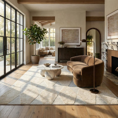 8' X 11' Cream and Beige Geometric Distressed Area Rug