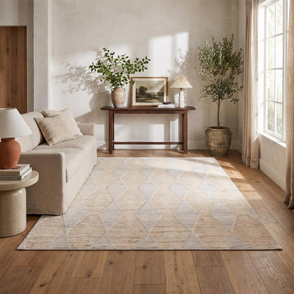 8' X 11' Cream and Beige Geometric Distressed Area Rug