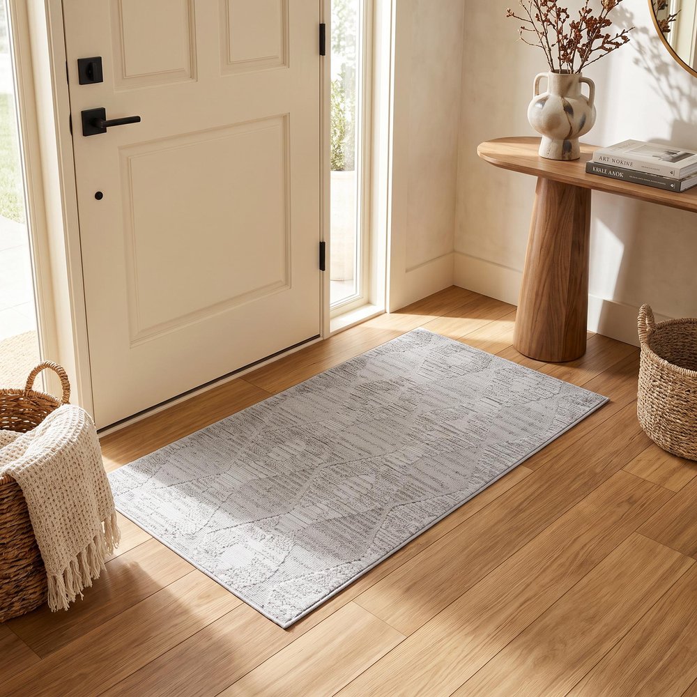 2' X 5' Gray and Ivory Geometric Distressed Area Rug