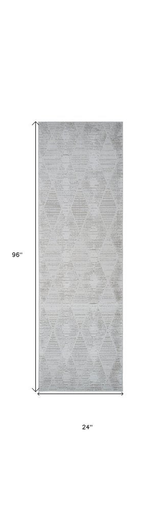 8' Gray And Ivory Geometric Distressed Runner Rug