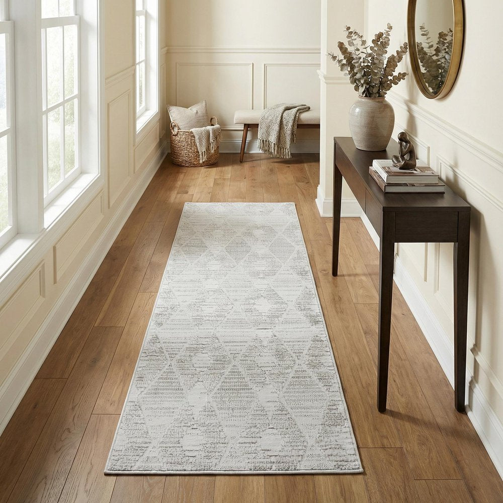 8' Gray And Ivory Geometric Distressed Runner Rug