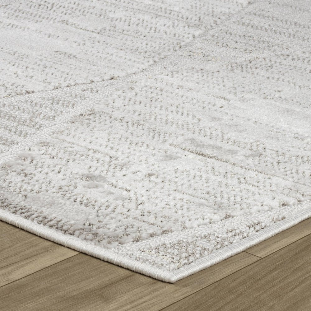 8' Gray And Ivory Geometric Distressed Runner Rug