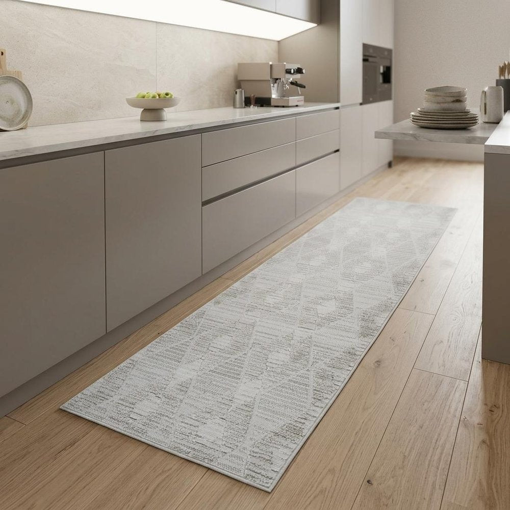 8' Gray And Ivory Geometric Distressed Runner Rug