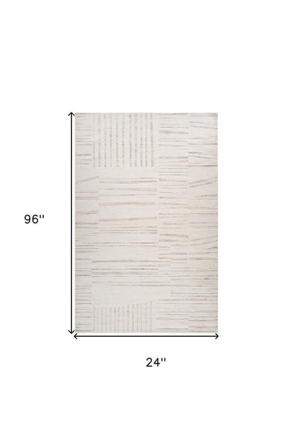 8' Gray And Beige Geometric Distressed Runner Rug