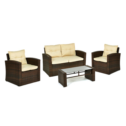 Four Piece Outdoor Brown Wicker Sofa Seating Group with Beige Cushions