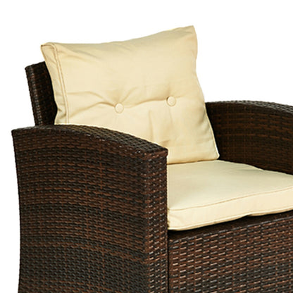 Four Piece Outdoor Brown Wicker Sofa Seating Group with Beige Cushions