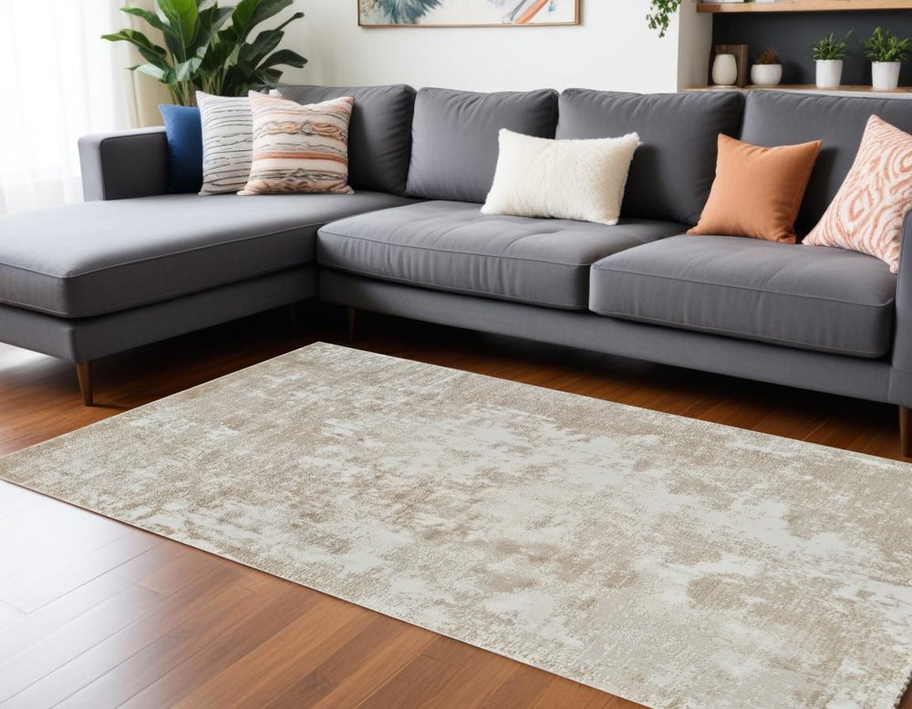 7' X 10' Cream and Beige Abstract Distressed Area Rug