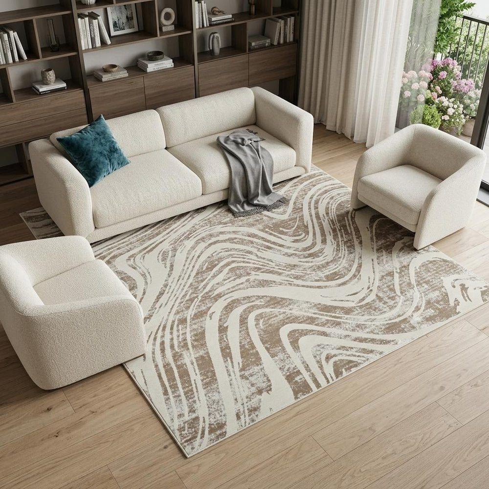 7' X 10' Beige and Brown Abstract Distressed Area Rug