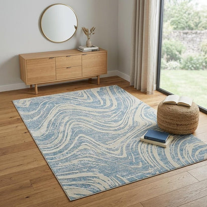 4' X 6' Blue and Beige Abstract Distressed Area Rug