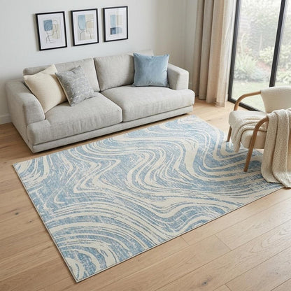 5' X 8' Blue and Beige Abstract Distressed Area Rug