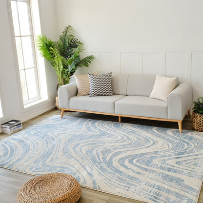 7' X 10' Blue and Beige Abstract Distressed Area Rug