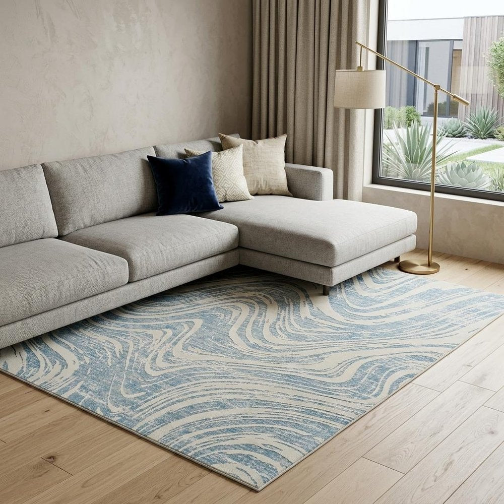 7' X 10' Blue and Beige Abstract Distressed Area Rug