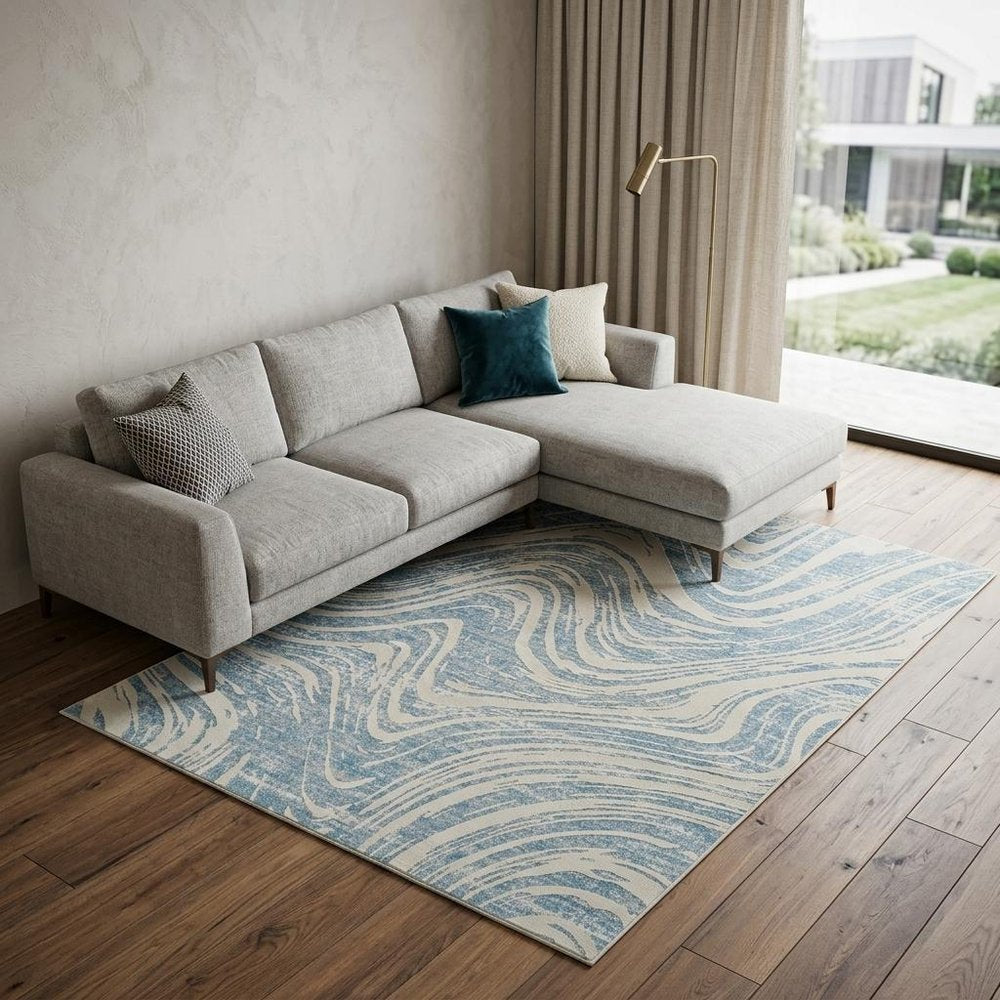 8' X 11' Blue and Beige Abstract Distressed Area Rug