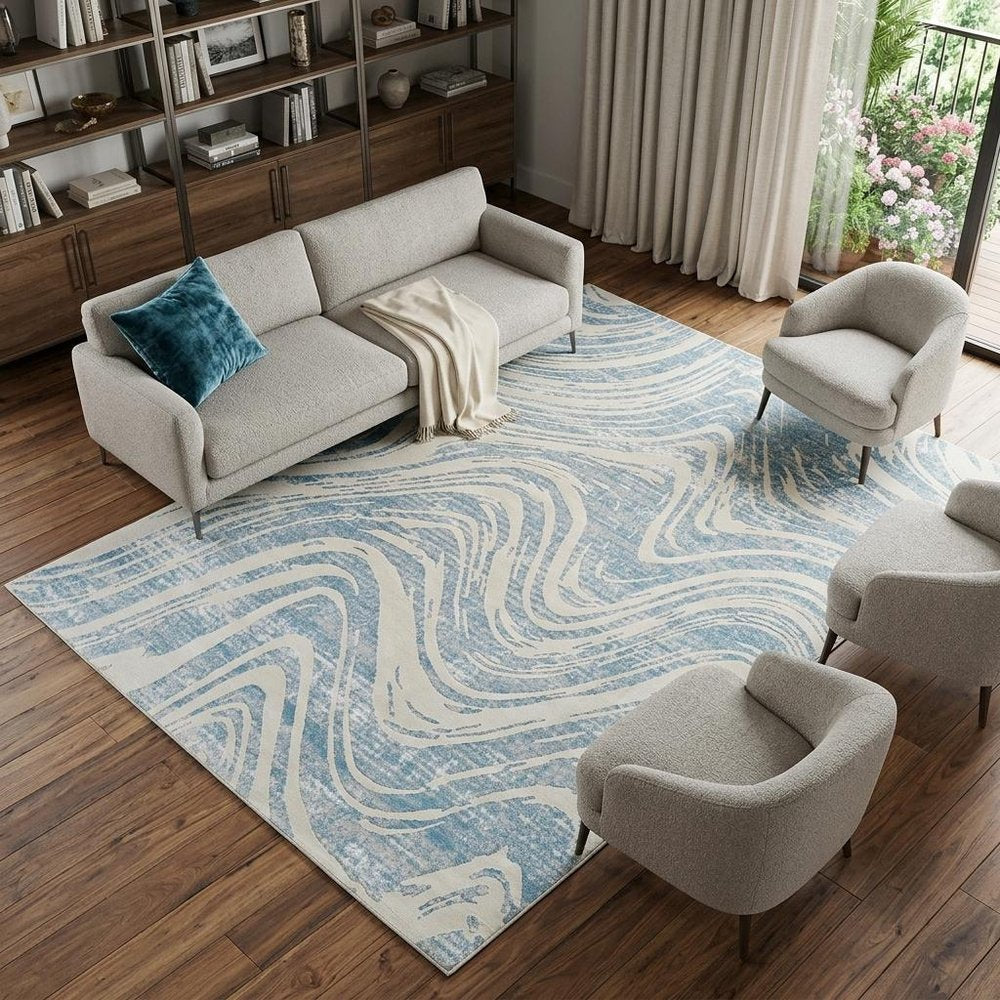 8' X 11' Blue and Beige Abstract Distressed Area Rug