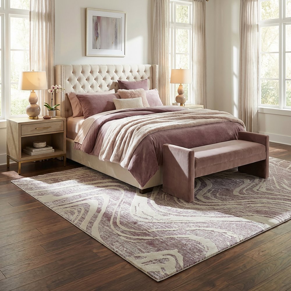 4' X 6' Beige and Purple Abstract Distressed Area Rug