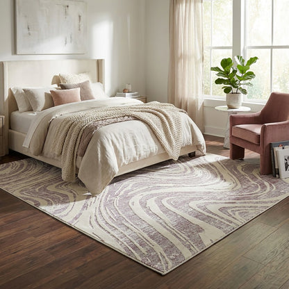 5' X 8' Beige and Purple Abstract Distressed Area Rug
