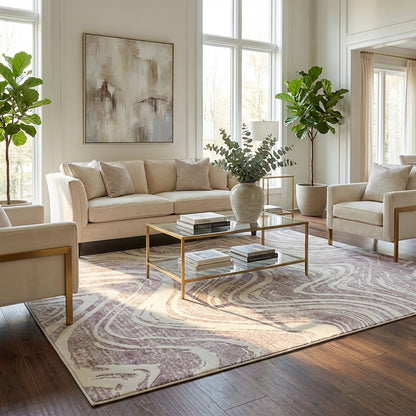 5' X 8' Beige and Purple Abstract Distressed Area Rug