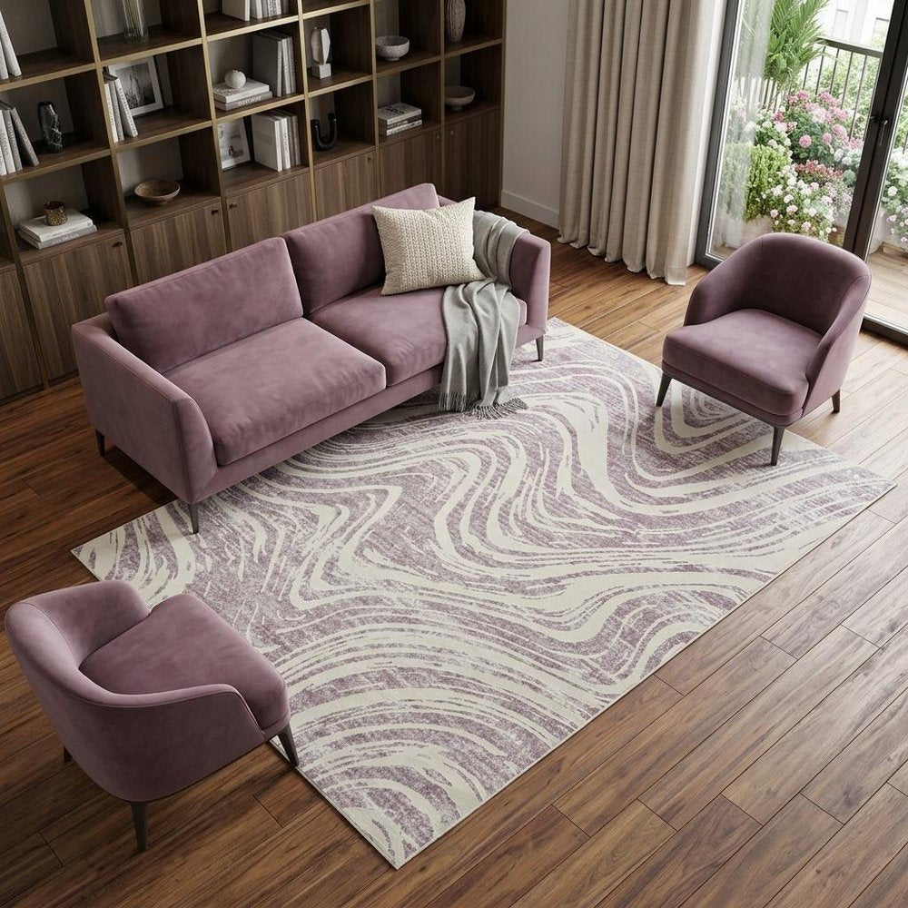7' X 10' Beige and Purple Abstract Distressed Area Rug