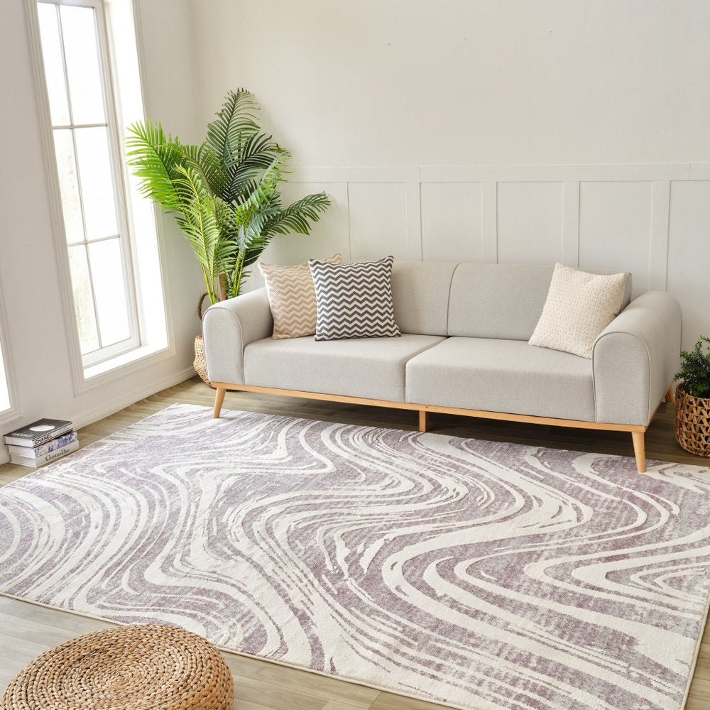 8' X 11' Beige and Purple Abstract Distressed Area Rug