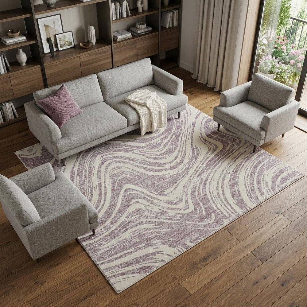 8' X 11' Beige and Purple Abstract Distressed Area Rug