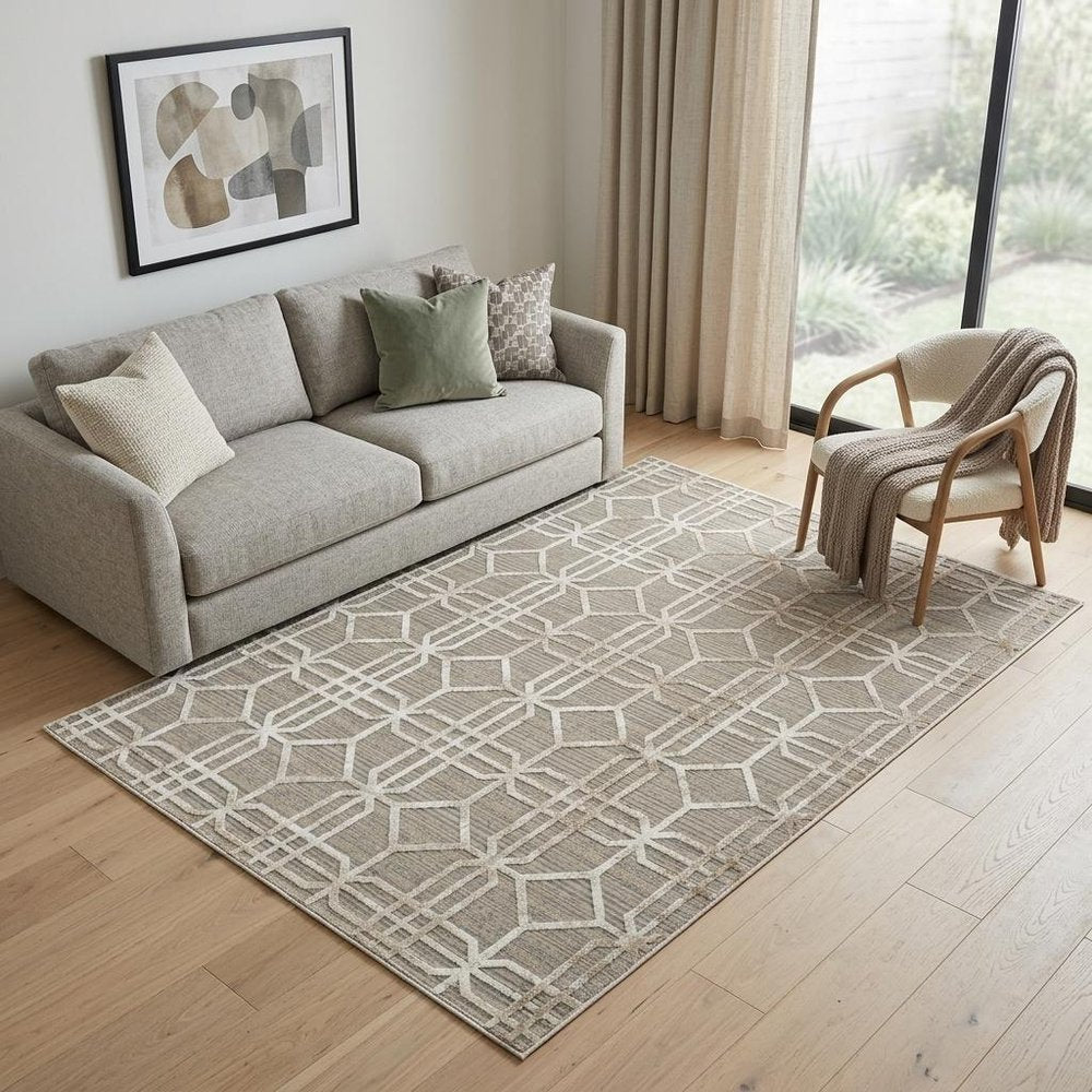 5' X 8' Beige and Brown Abstract Distressed Area Rug