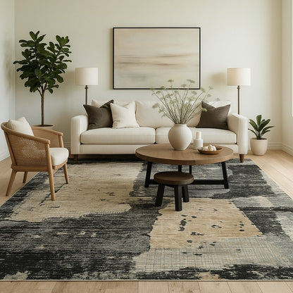4' X 6' Beige and Black Abstract Distressed Area Rug