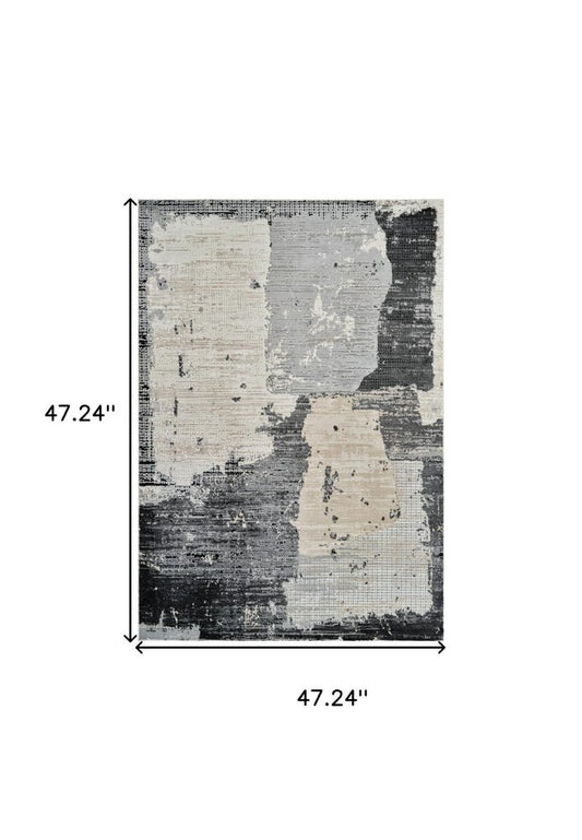 4' X 6' Beige and Black Abstract Distressed Area Rug