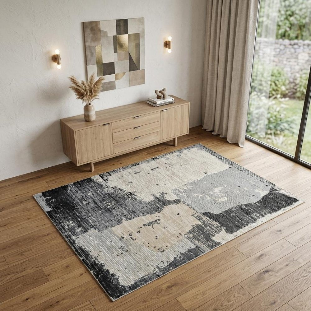 4' X 6' Beige and Black Abstract Distressed Area Rug