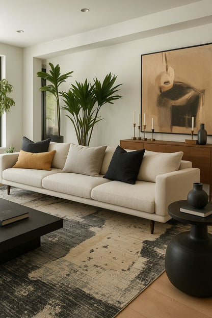 7' X 10' Beige and Black Abstract Distressed Area Rug