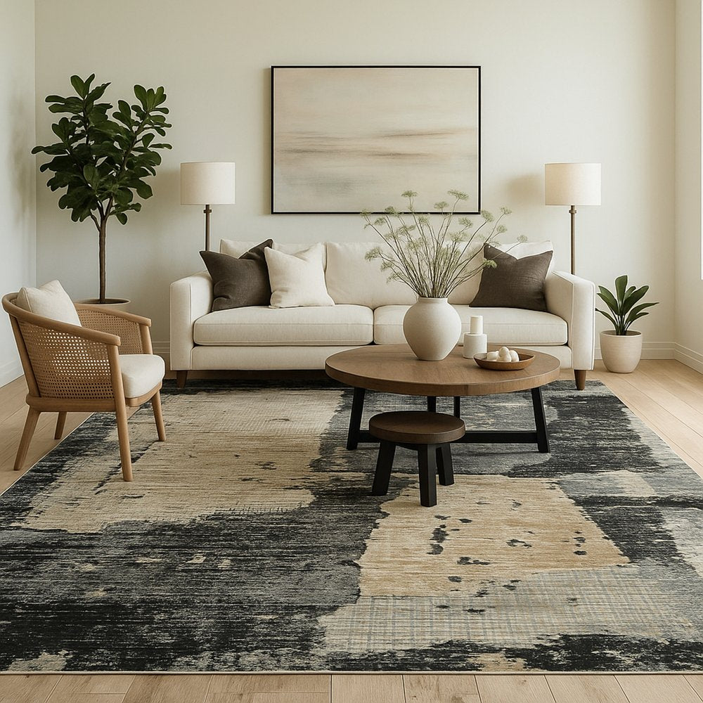 7' X 10' Beige and Black Abstract Distressed Area Rug