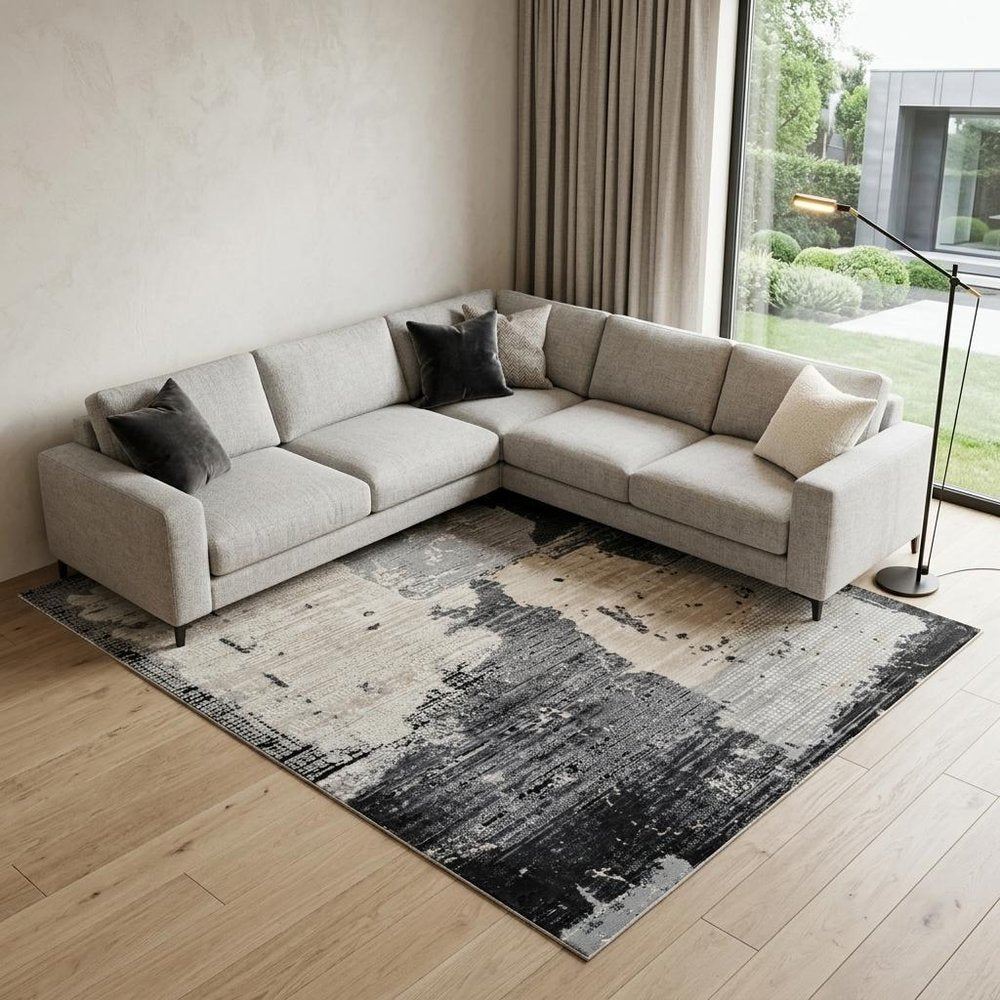 8' X 11' Beige and Black Abstract Distressed Area Rug