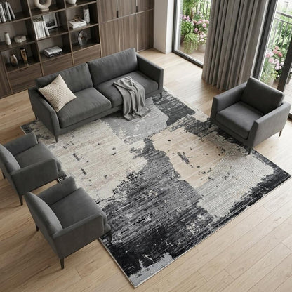 8' X 11' Beige and Black Abstract Distressed Area Rug