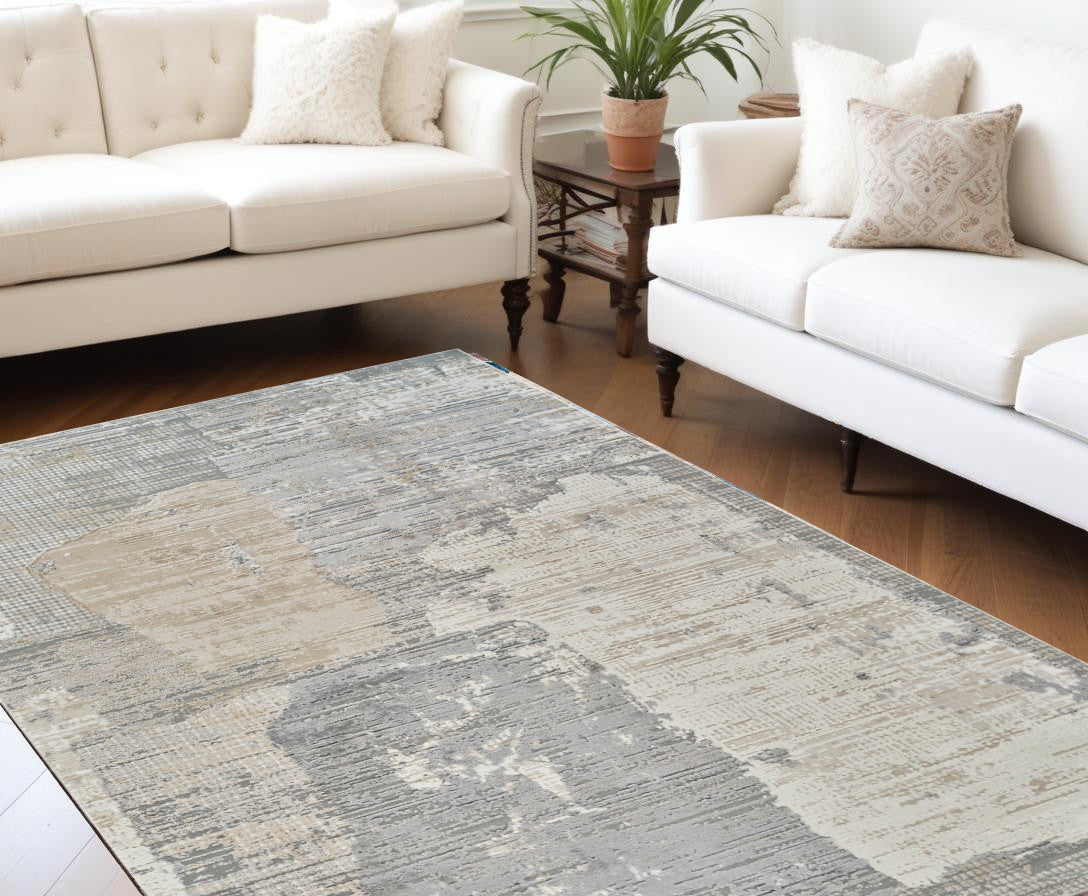 7' X 10' Gray and Cream Abstract Distressed Area Rug