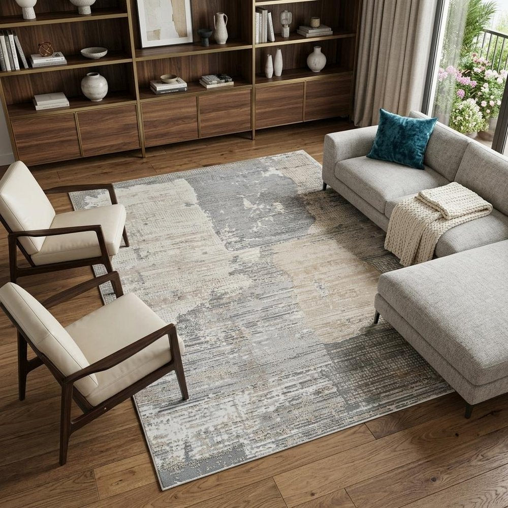 8' X 11' Cream and Beige Abstract Distressed Area Rug