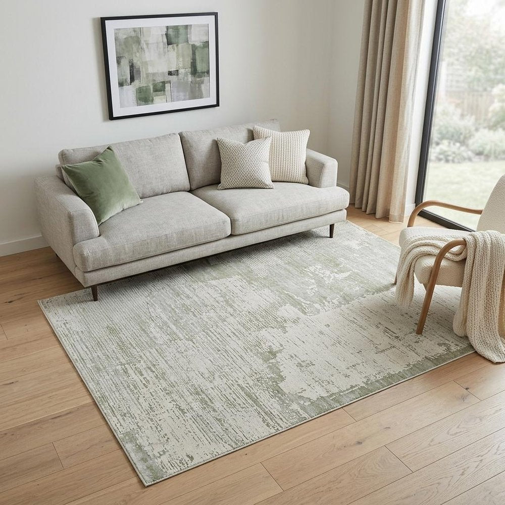 5' X 8' Beige and Green Abstract Distressed Area Rug