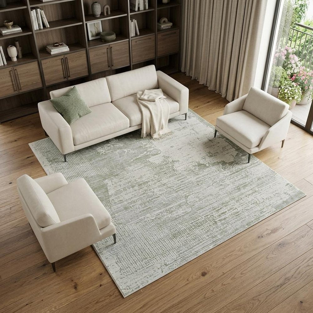 7' X 10' Beige and Green Abstract Distressed Area Rug