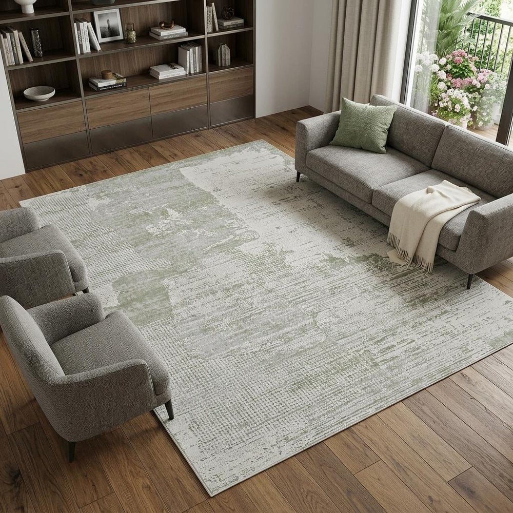 7' X 10' Beige and Green Abstract Distressed Area Rug