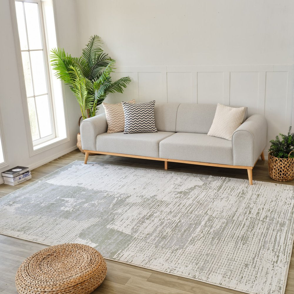 8' X 11' Beige and Green Abstract Distressed Area Rug