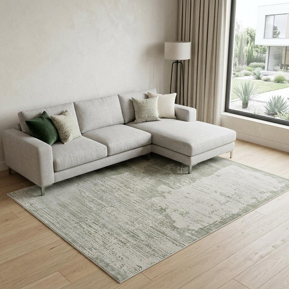 8' X 11' Beige and Green Abstract Distressed Area Rug