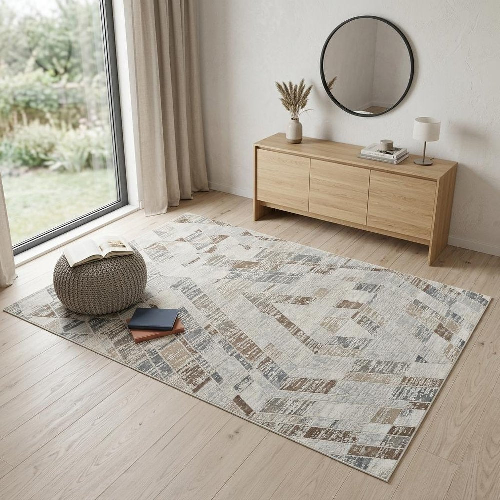 4' X 6' Beige and Brown Abstract Distressed Area Rug