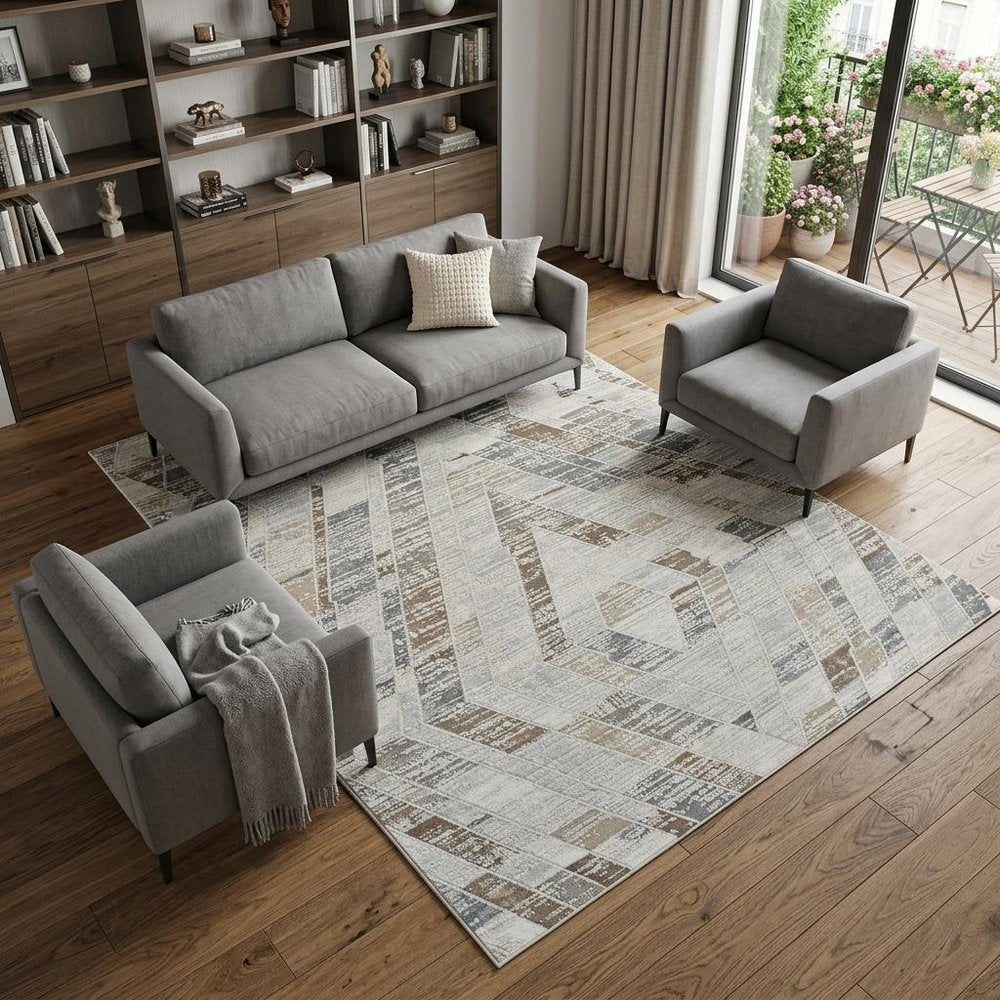 7' X 10' Beige and Brown Abstract Distressed Area Rug