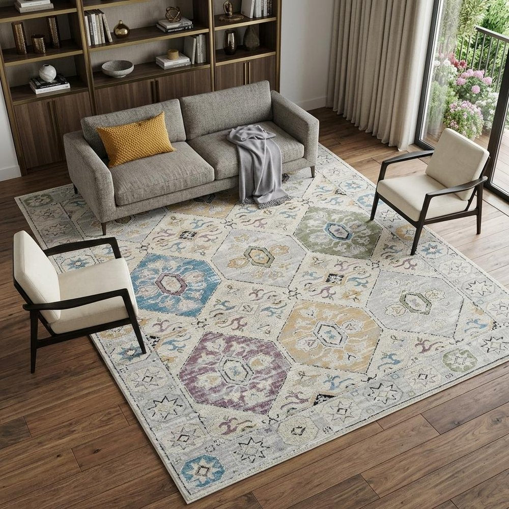 7' X 10' Beige and Gray Abstract Distressed Area Rug
