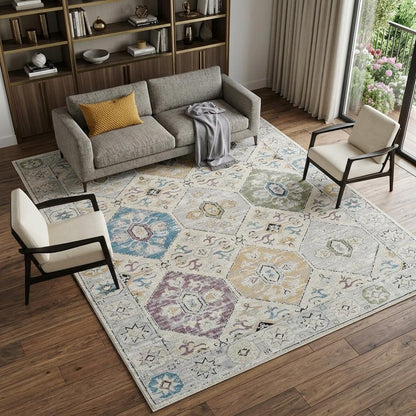 7' X 10' Beige and Gray Abstract Distressed Area Rug
