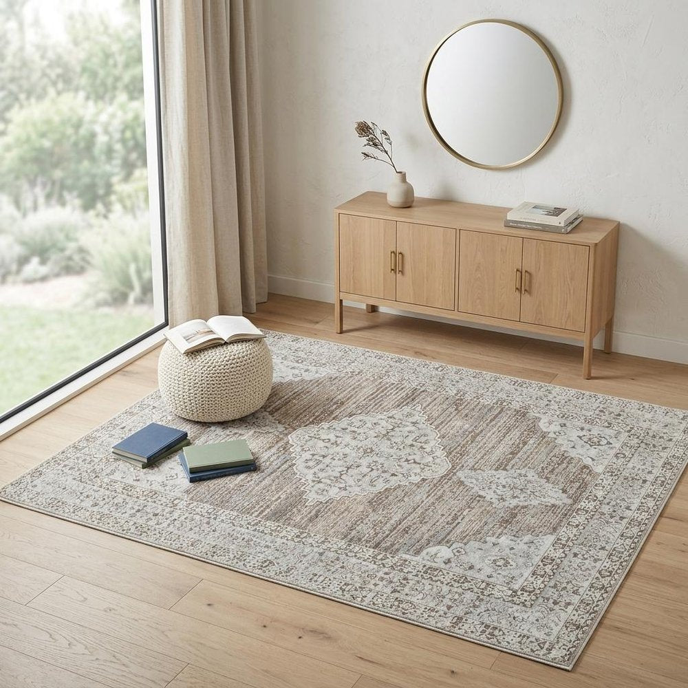 4' X 6' Beige and Brown Abstract Distressed Area Rug